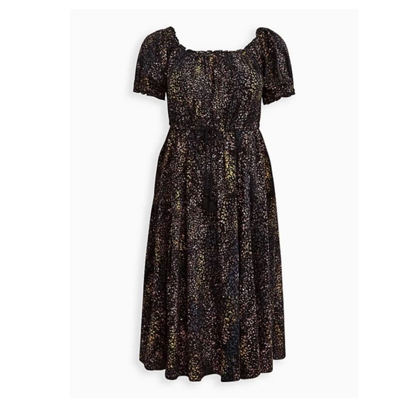 TORRID NWT SKATER MIDI PEASANT DRESS - CHALLIS LEOPARD BLACK - Picture 1 of 7